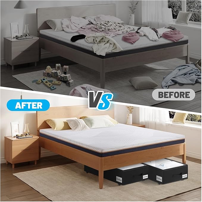 2 Pack Under Bed Storage with Wheels 6.7" Height, Rolling Storage Bins XL 50L, Underbed Shoe Storage Containers with Label & Clear Lid, Dorm Under bed Drawers for Clothes, Shoes, Quick Assembly, Black-NeatNest
