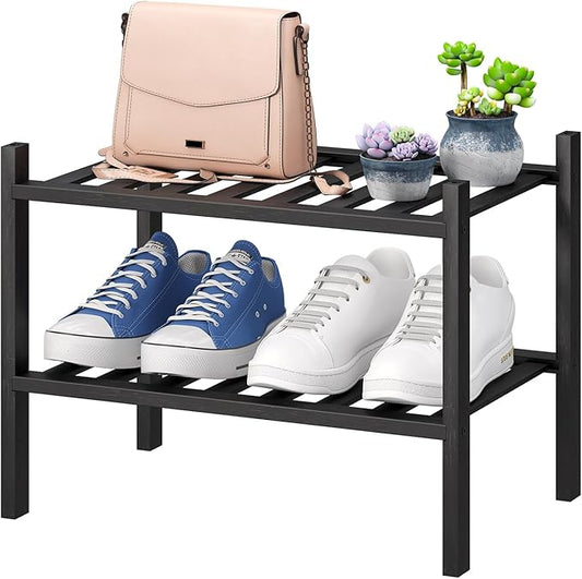 Black Small Shoe Rack for Entryway,2-Tier Bamboo Shoe Organizer for Hallway Closet, Free Standing Shoe Racks for Indoor Outdoor-NeatNest