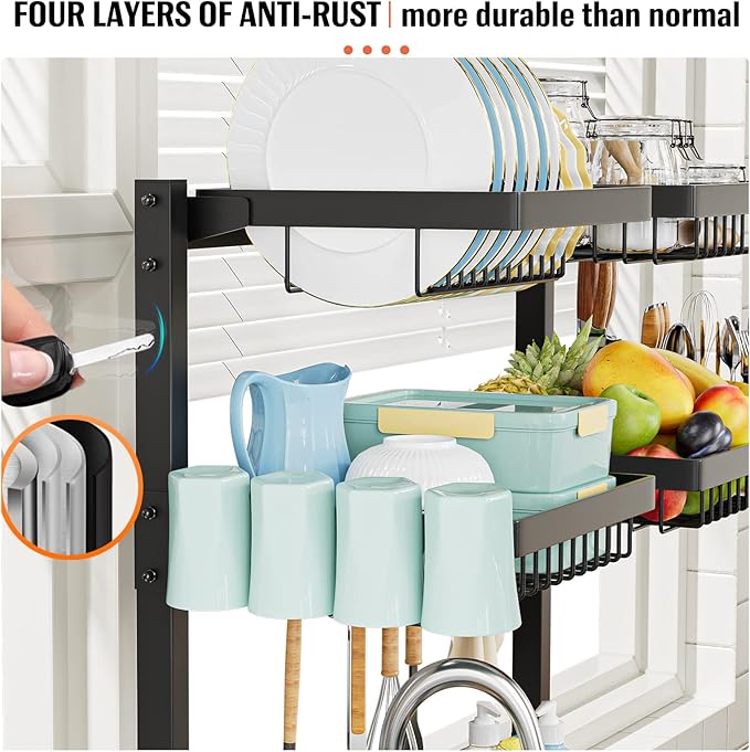 YKLSLH 3 Tiers 6 Baskets Over The Sink Dish Drying Rack Extendable (24.8 "-35.4"), Large Dish Drying Rack, Kitchen Cutlery Drainer Metal Storage Counter Rack