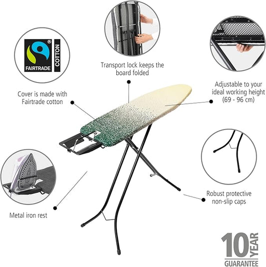 Brabantia Size A Compact Small Ironing Board (43x12 in) 7 Height Options, Adjustable Steam Iron Rest Holder (New Dawn) Non-Slip Feet, Anti-Collapse Child Locks-NeatNest