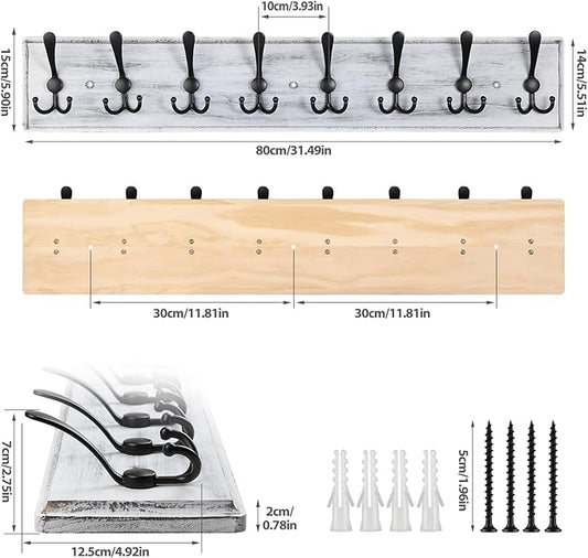 Coat Rack Wall Mount, Wooden Heavy Duty Coat Rack for Wall,8 Triple Coat Hanger Hooks for Hanging Coats,Jacket,Hat,Clothes (Grey White, 8 Hooks)-NeatNest