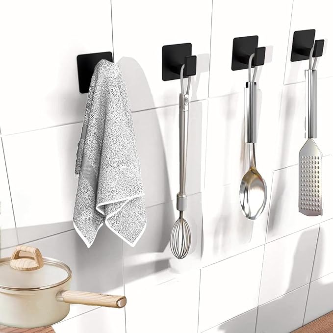 Adhesive Towel Hooks, Shower Hooks for Hanging Robe, Coat, Hat, Loofah, Heavy Duty Wall Hooks Stick on Bathroom, Kitchen and Office (4 Pack, Black)