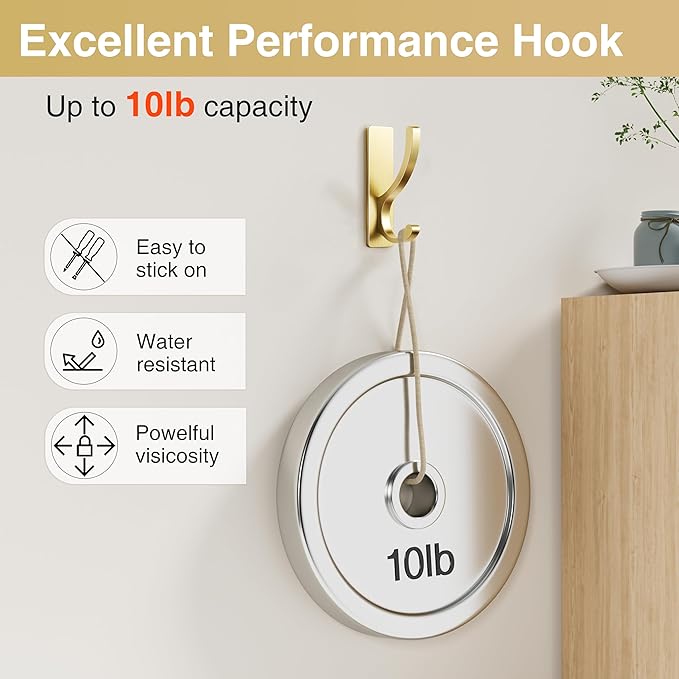 Adhesive Wall Hooks for Towels Coats - Stick On Hooks Hanging Heavy Duty (13lb), Metal Hook for Door, Bathroom, Dorm, Closet - Hanger for Purse, Bag, Robe,Backpack - No Damage to Wall - Gold 4 Pack