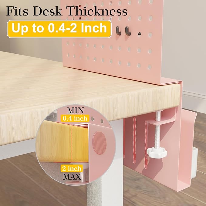 Desk Side Storage with Clamp-on Pegboard,Desk Side Storage,Steel Privacy Panel,No Drill Side Desk Organizer with Pen Holder,Table Side Organizer Laptop Holder for Office and Home (Pink)-NeatNest