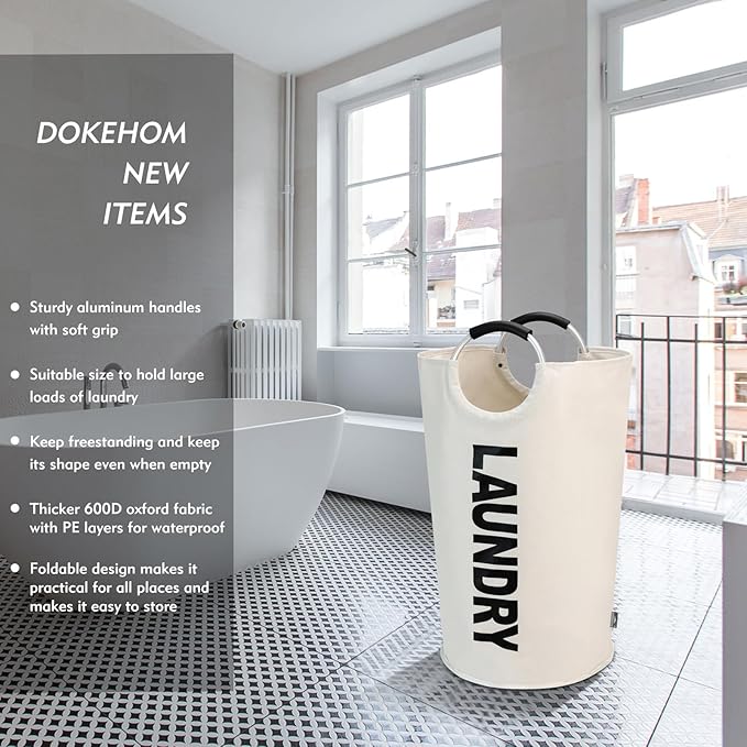 DOKEHOM 125L X-Large Laundry Basket, Collapsible Laundry Bag, Freestanding Tall Clothes Hamper, Foldable Washing Bin (Beige)-NeatNest
