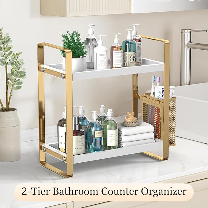 Bathroom Counter Organizer, Wood Vanity Trays with Basket, Skincare Countertop Organizers, Large Capacity Makeup and Perfume Organizer-NeatNest