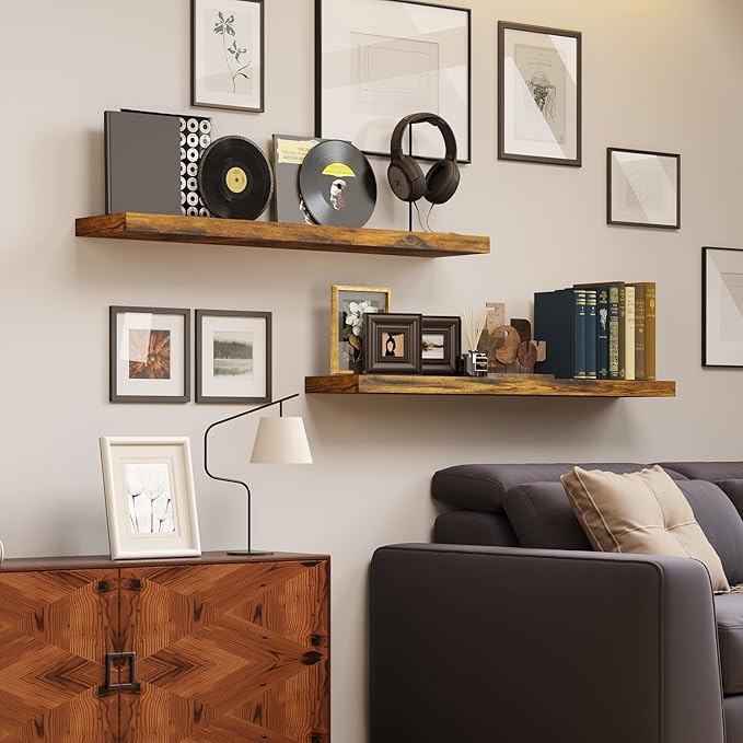 BAMEOS Floating Shelves, 31W x 7D Rustic Brown Wall Mounted Wooden Shelves with Invisible Brackets Set of 2, Hanging Wall Shelves Decoration for Bedroom, Bathroom, Living Room and Kitchen-NeatNest