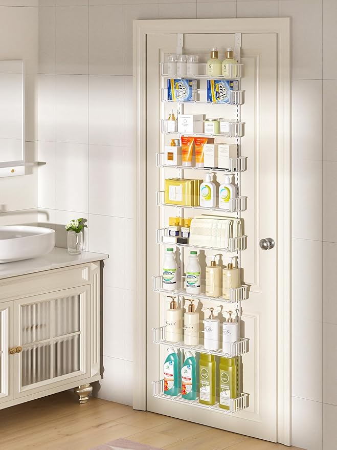 Delamu 9-Tier Over the Door Pantry Organizer with Acrylic Panel, Pantry Organization and Storage, White Hanging Basket Wall Spice Rack Seasoning Shelves, Home Kitchen Bedroom Bathroom House Essentials-NeatNest