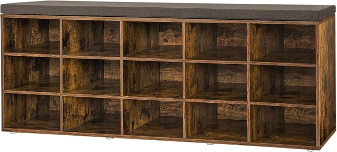 DINZI LVJ Shoe Storage Bench with Cushion, 15-Cubby Rack, Adjustable Shelves, Long Organizer Bench for Entryway, Mudroom, Hallway, Living Room, Bedroom and Garage, Rustic Brown-NeatNest