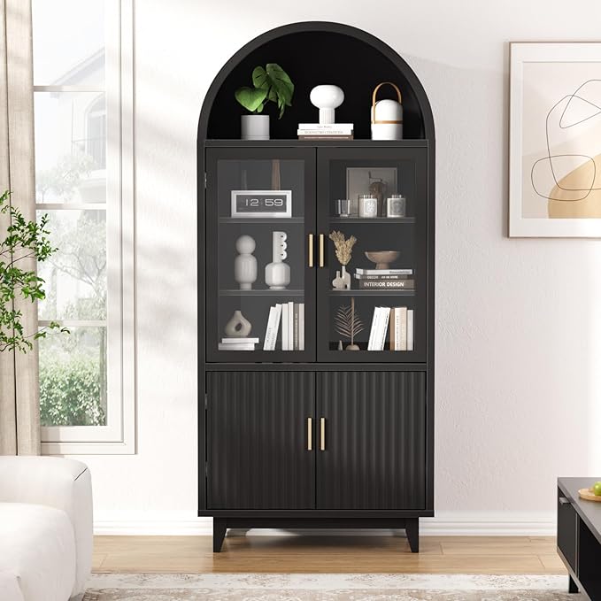 Arched Cabinet with Glass Doors, Fluted Tall Pantry with Solid Wood Legs, 71" Modern Accent Cabinet for Living Room, Kitchen, Dining Room, Entryway, Black