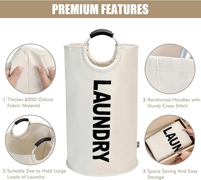 DOKEHOM 90L Large Laundry Basket, Collapsible Laundry Bag, Freestanding Tall Clothes Hamper, Foldable Washing Bin (Beige)-NeatNest