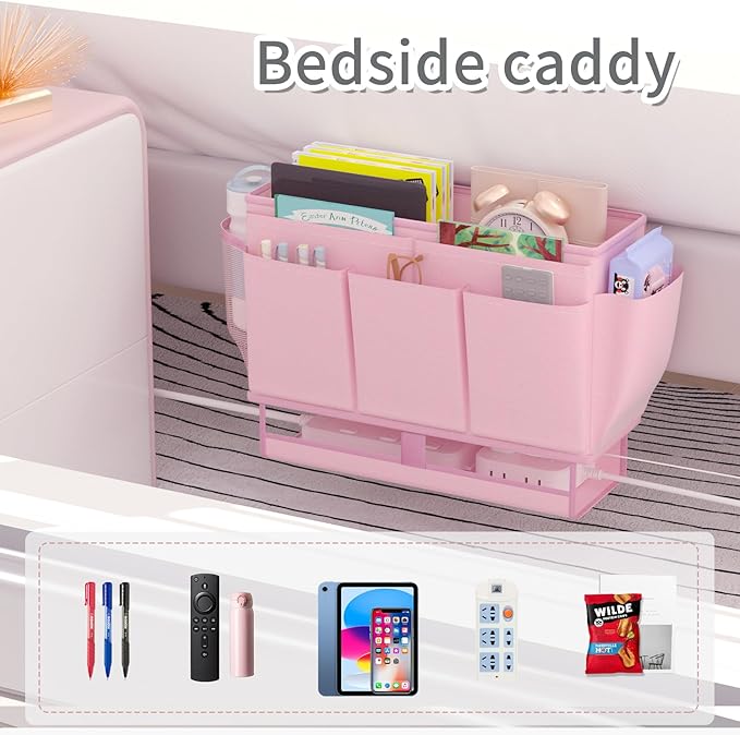 Bedside Caddy Bedside Organizer,Bed Caddy with 11 Pockets and Power Strip Holder,Versatile Bedside Storage Caddy for Home,Dorm,Bunk,Hospital,Crib Bed (Pink)-NeatNest