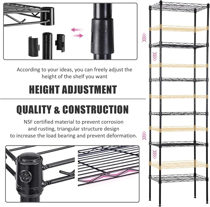 6-Tier Metal Shelving Unit Storage Shelves Metal Shelves 64"x17"x12" Heavy Duty Metal Storage Rack Wire Rack NSF Height Adjustable for Home Kitchen Bathroom Garage Shelving(Black)