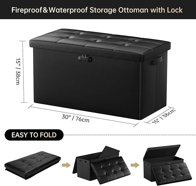 DocSafe Storage Ottoman Bench with Lock,Fireproof 30 Inches Folding Bench Foot Rest Stool Storage Chest Safe for Living Room,Bedroom,Home Office,Waterproof Leather Ottoman with Handles,Black-NeatNest