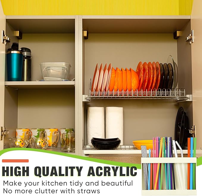 Acrylic Straw Holder for Cabinet Door with Double Sided Adhesive Tape Reusable Straw Organizer Tumbler Storage Kitchen Accessories Container for Counter Cupboard(Classic,Large,Milky Yellow)