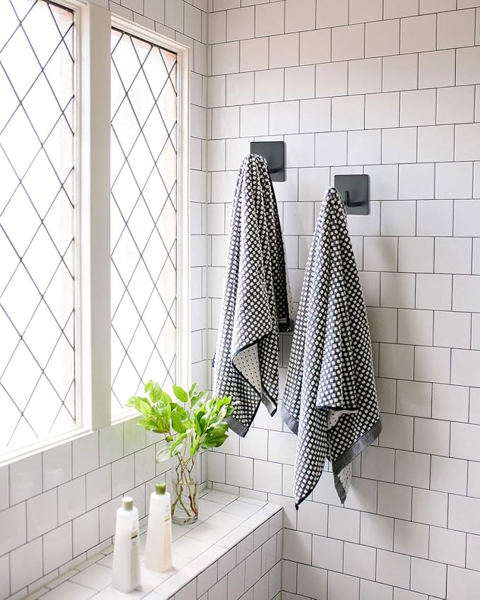Adhesive Hooks, Bathroom Wall Towel Hooks, Black Stick Shower Razor Holder, Stainless Steel Door Hangers for Coat Loofah Robes Self Adhesive Organizer for Kitchen