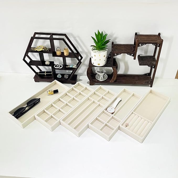 Divided Drawer Organizer Tray, Velvet Jewelry Storage Tray, Necklace Bracelet Ring Earring Display Tray,Bedside Nightstand Desk Holder Tray for Phone Watch Sunglasses Cosmetics Storage/Beige/6grid-NeatNest
