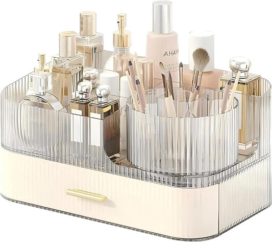 DASITON Makeup Organizer with Drawers and Rotating Makeup Brush Holder,Large Capacity Stackable Cosmetic Organizer Countertop,Bathroom Organizers and Storage,Make up Organizers for Vanity (Cream 02)-NeatNest