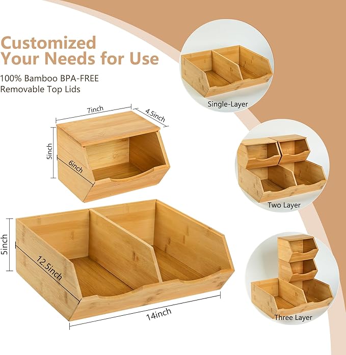 Bamboo Pantry Storage Bins with Lid - Stackable Baskets, Potato and Onion Storage, Wood Storage Bins for Pantry Baskets Organization and Storage, Kitchen Essential, Set 3 Pieces
