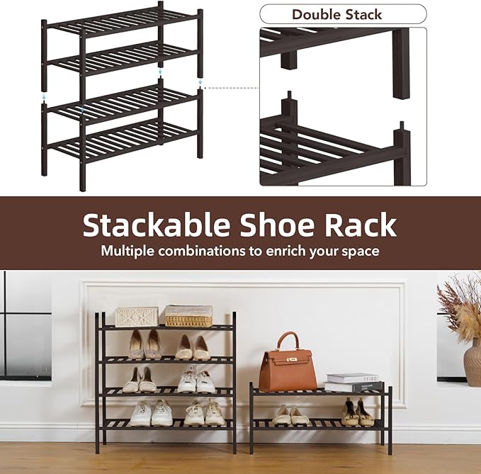 2 Tier Bamboo Shoe Rack Storage Organizer for Closet, Multifunctional Stackable Free Standing Shoe Shelf Organizer for Small Space,Entryway, Hallway, Bathroom27 x11 x13 (Brown, 2 Tier)-NeatNest