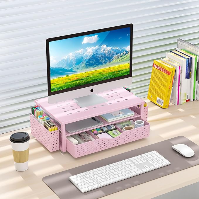 gianotter Desk Organizers and Accessories, Monitor Stand with Drawer and 2 Pen Holder, Desktop Organizer Suitable for Offices and Dormitories (Pink)-NeatNest
