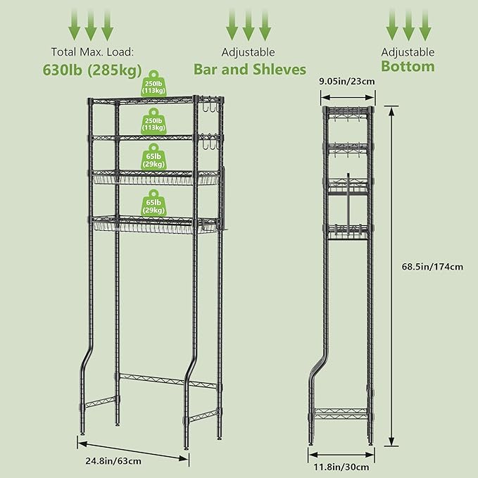 4-Tier Over The Toilet Storage, Bathroom Shelves with 6 Hooks, Metal Over Toilet Organizer with Adjustable Shelf and Basket, Freestanding Rack Space Saver for Bathroom, Laundry, Black