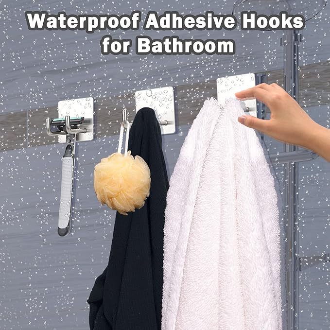 Adhesive Hooks, Stick on Stainless Steel Towel Robe Razor Wall Hooks for Bathroom Kitchen, Sticky Heavy Duty Durable Shower Hangers for Hanging Hat Coat Key Short-Silver(4pcs)