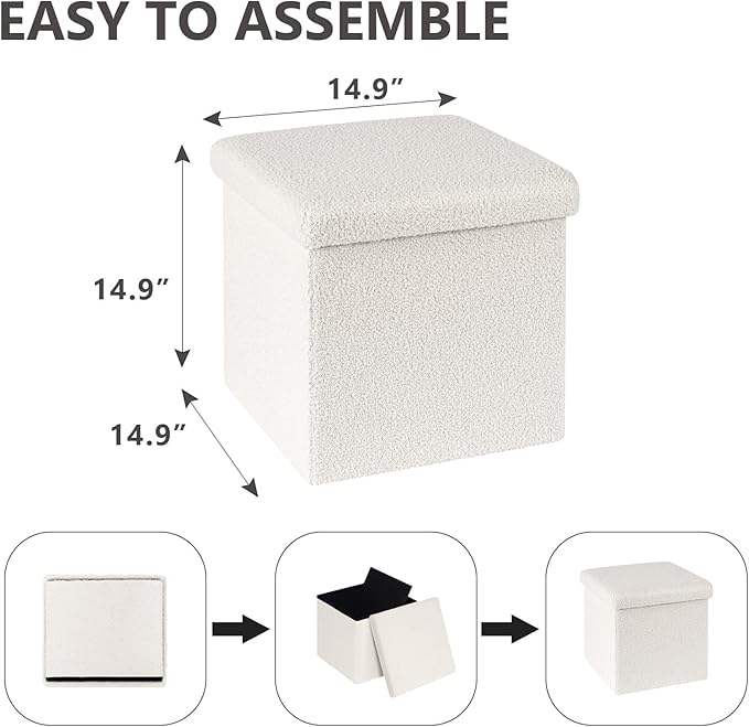 Folding Storage Ottoman Cube - Small Footrest with Sherpa Top, Multi-Functional Storage for Bedroom, Living Room,White