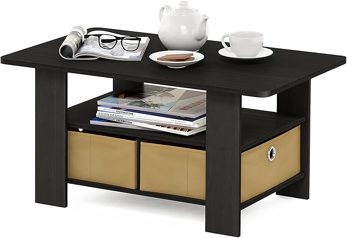 Furinno Andrey Coffee Table with Bin Drawer, Dark Espresso/Brown-NeatNest