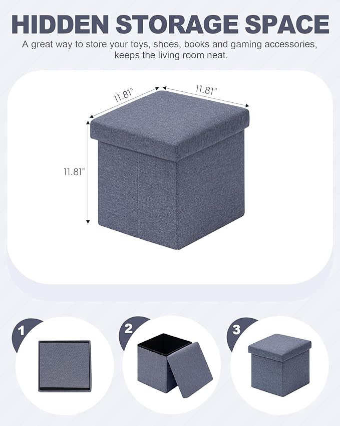 B FSOBEIIALEO Storage Ottoman Cube, Linen Small Foot Seat, for Living Room, Bedroom, Home Office, Dorm Storage Footrest Blue 11.8"x11.8"x11.8"