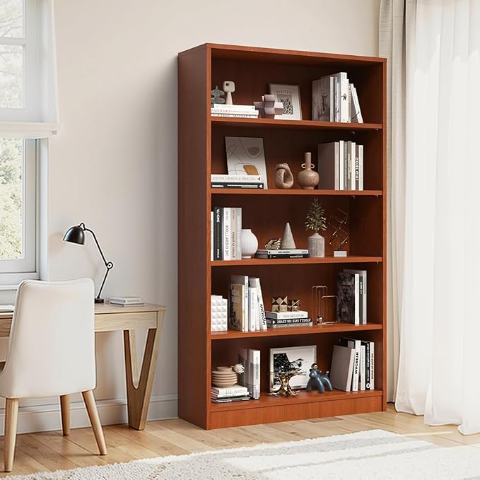 Farini 60 Inch Tall 5-Shelf Bookcase, Wood Bookshelf Storage Organizer Adjustable Shelf for Home Office, Study Room, Easy Assembly,Cherry