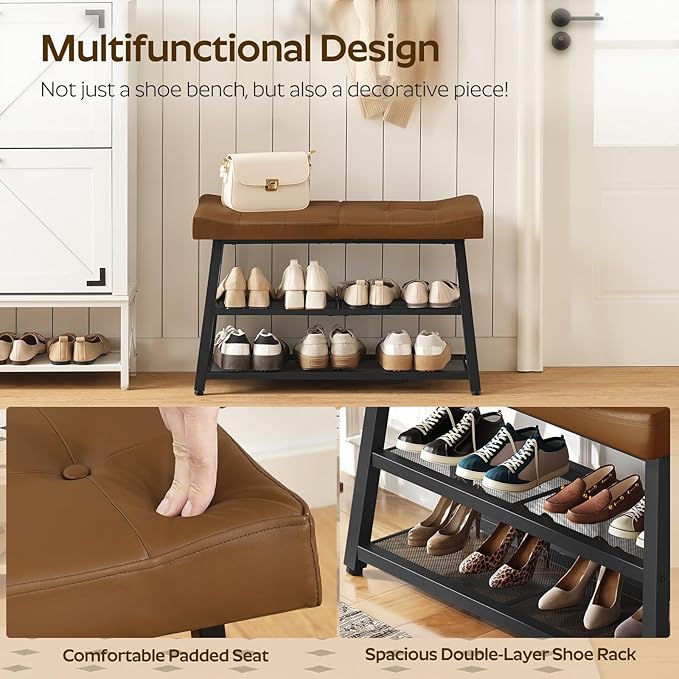 Shoe Bench, 3-Tier Shoe Rack, Entryway Bench with Storage and Cushion, for Hallway, Foyer, Bedroom, Brown and Black HX02BV