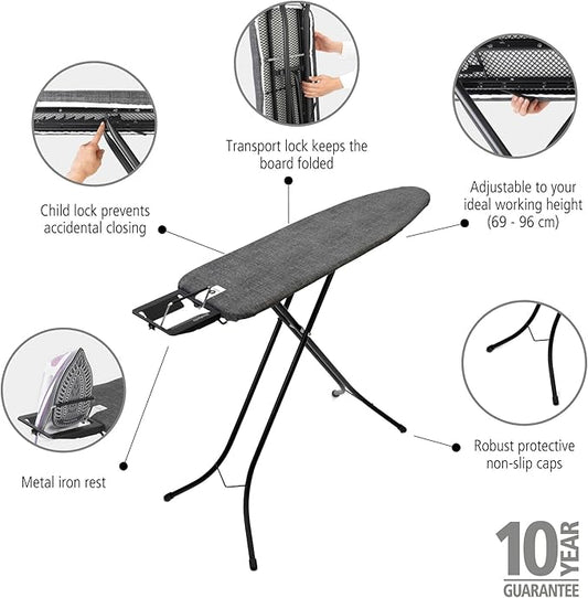 Brabantia Size A Compact Small Ironing Board (43x12 in) 7 Height Options, Adjustable Steam Iron Rest Holder (Denim Black) Non-Slip Feet, Anti-Collapse Child Locks-NeatNest