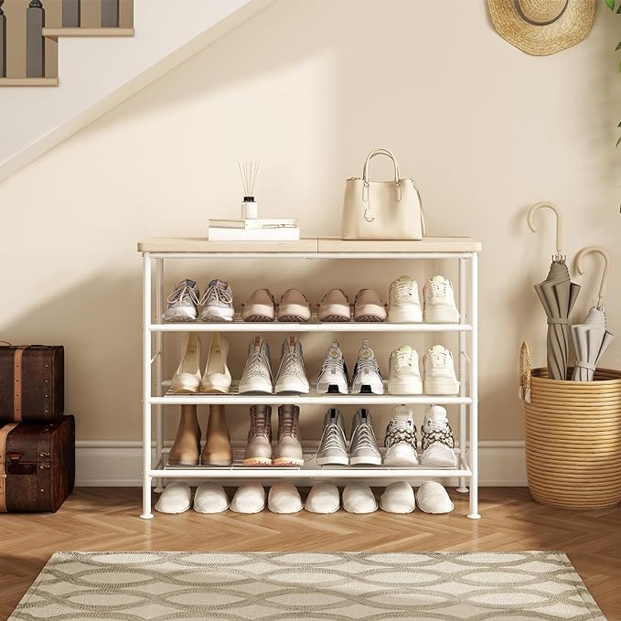 Shoe Rack Organizer 4 Tier for Closet Entryway Free Standing Metal Storage Shoe Shelf with MDF Top Board,White+Oak-NeatNest