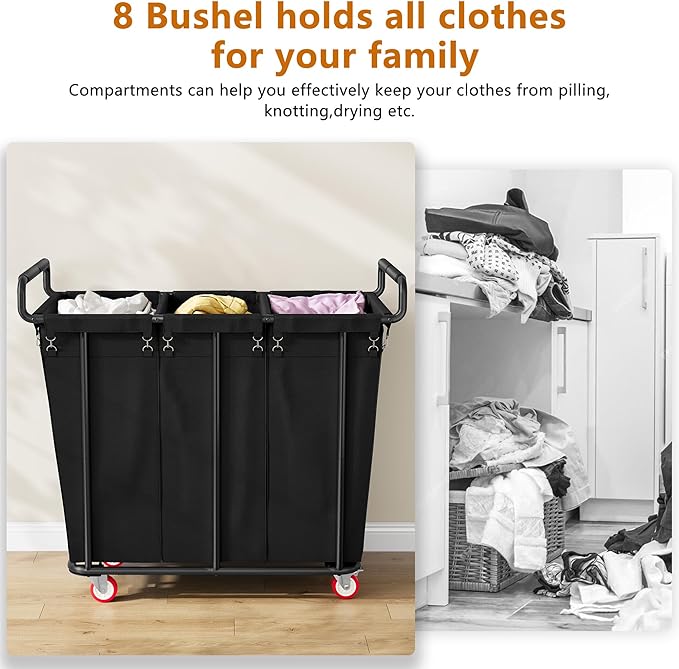 Large laundry hamper with Wheels, 360L 3 Bag Big Rolling Laundry Hamper Sorter Cart, Extra Large Laundry Clothes Hamper, Heavy Duty Laundry Basket Organizer for Laundry Room,Bathroom,Black