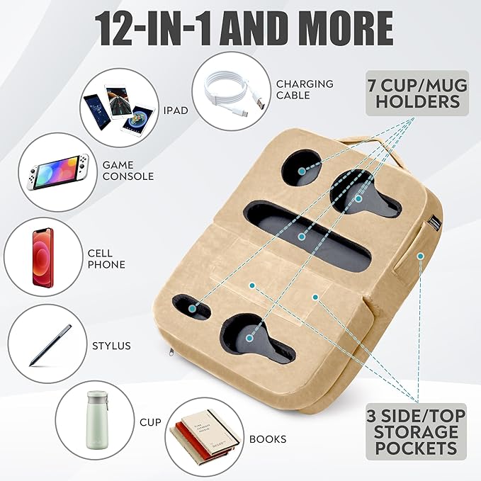 Couch Cup Holder Tray Pillow - Bed, Couch Caddy, Sofa, RV & Car - Holds Drinks, Snacks, Remotes, Phones, Kindle, Tablet | Bed Cup Holder (Beige)-NeatNest