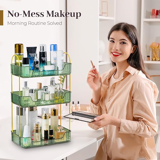 Aveniee Bathroom Counter Organizer, 3 Tier Perfume Skin Care Countertop Storage Shelf, Vanity Makeup Tray for Cosmetic Skincare Lotion,Green-NeatNest