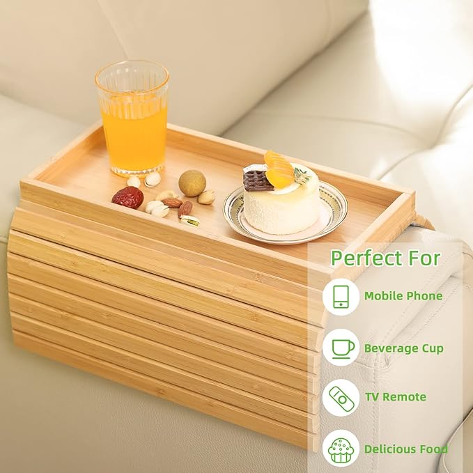 GEHE Bamboo Sofa Arm Tray, Foldable Couch Arm Tray Side Table, Anti-Falling Armrest Tables Cup Holder for Snacks, Drinks, Beers, Phone, Control, Flexible and Portable, Anti-Slip Bottom-NeatNest