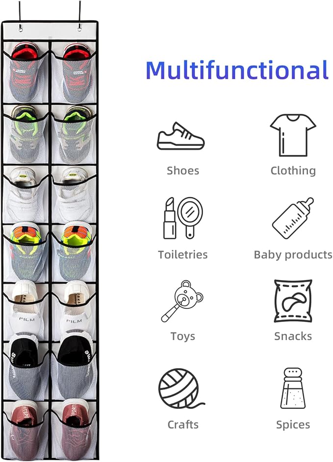 KEEPJOY Over the Door Shoe Organizer, Hanging Shoe Organizer with 4 Hooks, Shoe Holder with 14 Mesh Pockets Closet Door Shoe Storage Bag (White-2Pack)-NeatNest