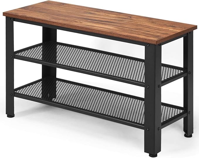 Giantex 3-Tier Shoe Rack Bench, Industrial Shoe Bench with 2 Mesh Storage Shelves & Seat for Entryway, Front Door, Garage Shoe Storage (Rustic Brown)