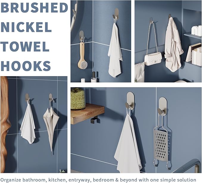 Adhesive Towel Hooks for Bathrooms 4 Pack Brushed Nickel Stainless Steel and Zinc Alloy Sticky Wall Hooks for Hanging Heavy Duty Self Adhesive Robe Shower Hanger for Kitchen, Closet, Cabinet, Door