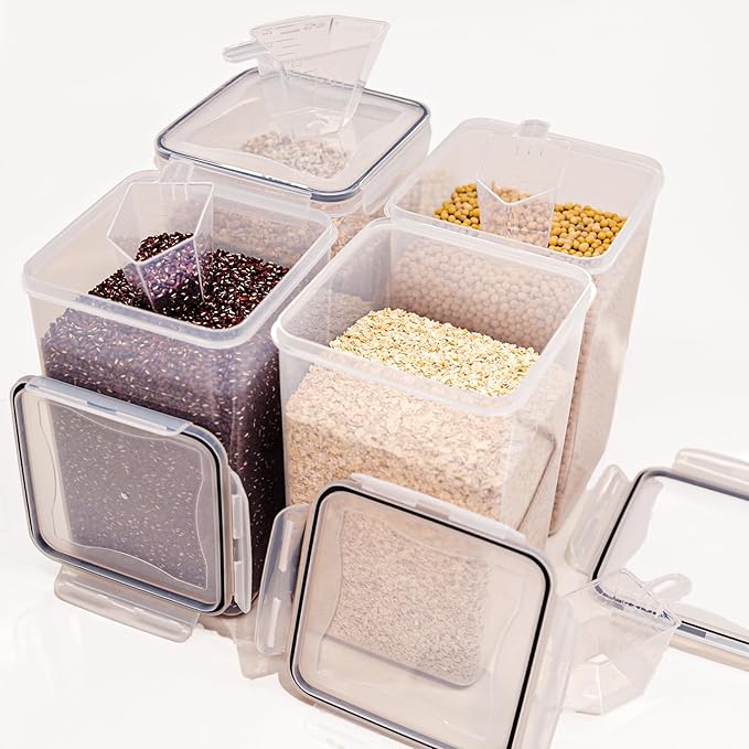 4-Pack 5.2L Airtight Food Storage Containers, BPA-Free Plastic Canisters for Flour, Rice, Pasta & Cereal, Kitchen Pantry Organization with Lids, Labels & Measuring Cups