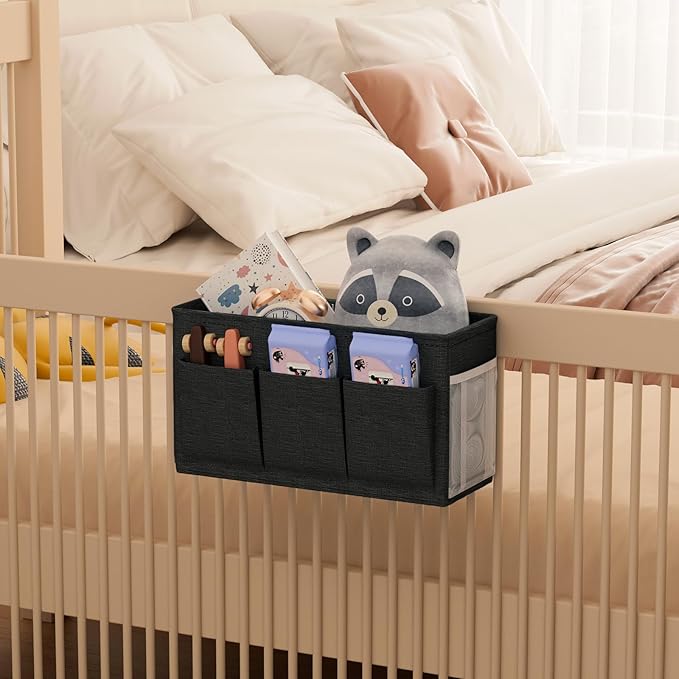 Dual-purpose Bedside Caddy Bedside Organizer, Bed Caddy with 6 Pockets, Versatile Bedside Storage Solution Magazine Remotes holder, ideal for Home, Dorm, Hospital, Crib Bed (Black)-NeatNest