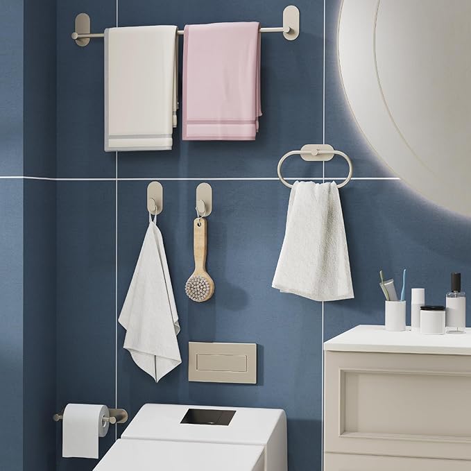 Adhesive Towel Hooks for Bathrooms 2 Pack Brushed Nickel Stainless Steel and Zinc Alloy Sticky Wall Hooks for Hanging Heavy Duty Self Adhesive Robe Shower Hanger for Kitchen, Closet, Cabinet, Door