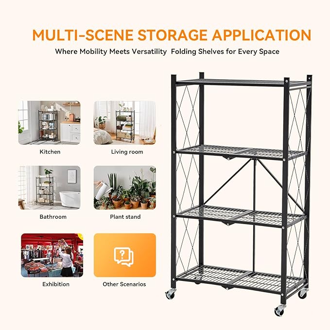 BRIAN & DANY Folding Shelf, Storage Racks and Shelving Units on Wheels, Metal Foldable Storage Shelves No Assembly for Garage, Kitchen(4 Tier)-NeatNest
