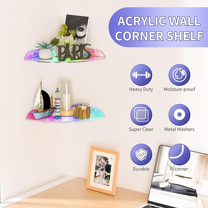 9.5x9.5 Inch Acrylic Corner Floating Shelf Set of 2, Iridescent Corner Wall Shelf for Home Décor, Speakers, Security Cameras, Toileries, Plants, Figures, Cosmetics, Books