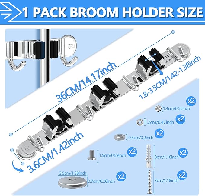 3-H Magnetic Broom Holder Wall Mounted 1 Pack, Strong Magnetic Broom Hooks 13 Inch, Heavy Duty Magnet Broom Organizer Wall Mounted, Utility Storage Tools Rack for Home Kitchen Workshop Laundry Garage