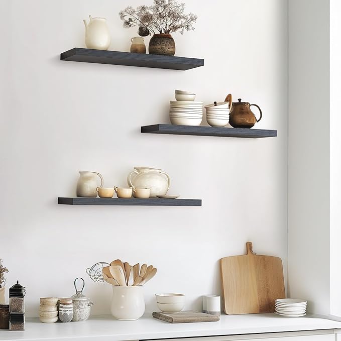 BAYKA Floating Shelves 22.5 inches, Wall Mounted Shelves Rustic Wood for Bathroom, Bedroom, Living Room, Floating Shelves for Books/Storage/Decor with 22lbs Capacity(Satin Black,Set of 3)-NeatNest