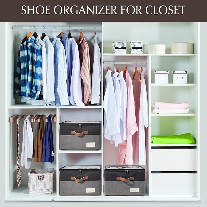 1 Pack Shoe Organizer for Closet, Adjustable Shoe Box Storage Containers, Large Foldable Shoe Bins with Clear Cover, Space Saving Shoes Holder with 4 Handles, Fits 8-16 Pairs, Black-NeatNest