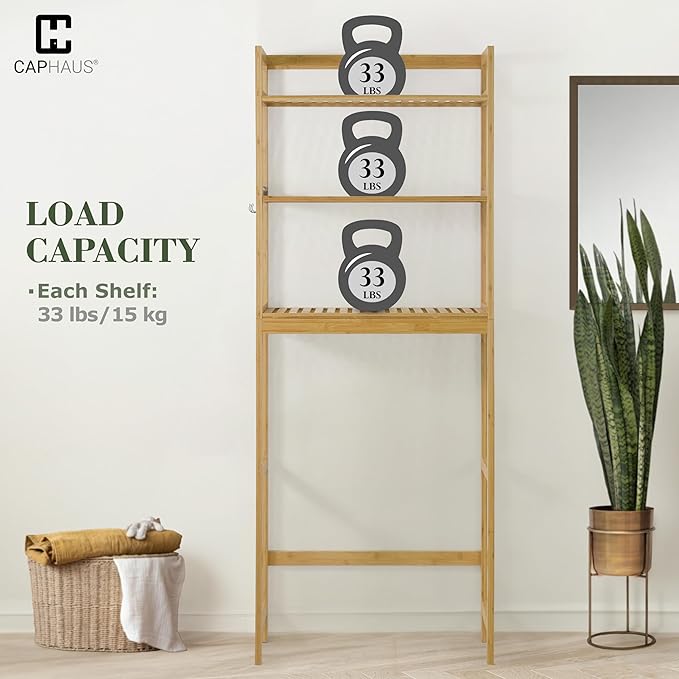 CAPHAUS Over The Toilet Storage Rack, 3-Tier Bamboo Bathroom Organizer Shelf Rack with Adjustable Feet &Hooks, Freestanding Toilet Shelf, Bathroom & Laundry Organizer, Balcony Plant Stand, Natural-NeatNest